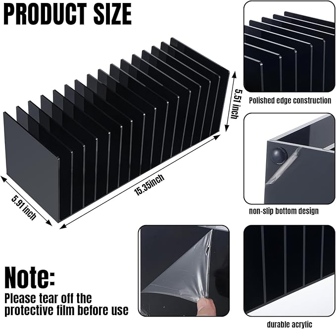 Ctosree Acrylic File Organizer for Desk Vertical 15 Compartments File Sorter Mail Organizer Desktop Countertop Folder Stand Racks for Office Home School Desk(Rectangle,Black)