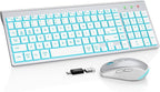 SABLUTE Wireless Keyboard and Mouse Combo Backlit - Compact Quiet Keyboard with RGB Mouse, Rechargeable, Slim, Sleep Mode, Portable Cordless Set for Mac, Windows, Laptop, PC (Silver White)