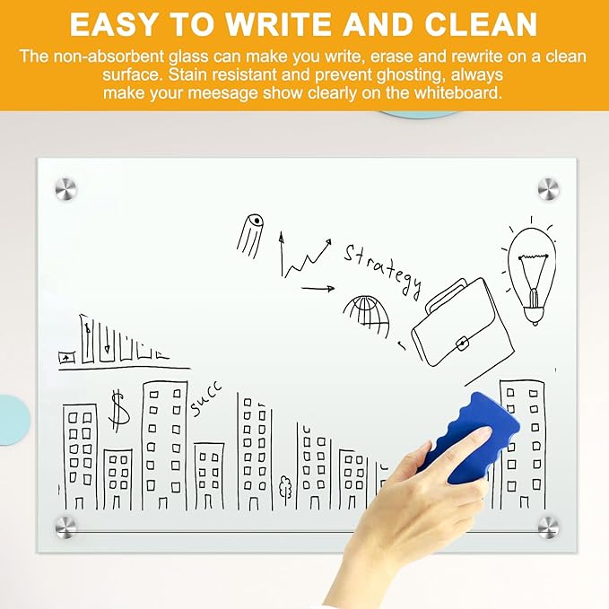H-Qprobd Glass Whiteboard 60"x40" Magnetic Dry Erase White Board for Wall, Includes 12 Magnets, 8 Markers and 2 Erasers