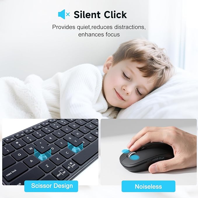 M9250 Wireless Keyboard Mouse Combo,Scissors Mechanism QWERTY Silent Wireless Bluetooth Keyboard and Ergonomic Mouse Set for Windows, iOS, Android, Computer Desktop PC Laptop iPad