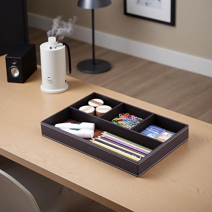 KINGFOM Pu Leather Desk Organizer Tray, 4 Compartment Office Storage Supplies Stationery Drawer Tray, Nightstand Bedside Tray for Key, Wallet, Watch, Coin, Phone Valet Tray Stackable