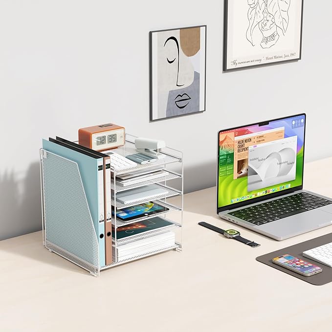 Gianotter Desk Organizers and Accessories, 6-Tier Paper Organizer with Magazine Rack, Office Desk Accessories & Workspace (White)