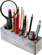 Whitewashed Wooden Pen Holder, Grey Solid Wood Desk Organizer, Rustic Paint Brush Holder and Art Supplies Organizer