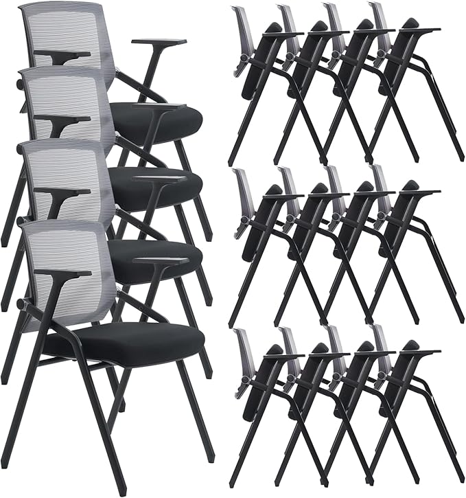 16 Pack Conference Room Chairs, Folding Office Desk Chair with Lumbar Support and Sliding Armrest, Stackable Office Guest Chairs & Reception Chairs