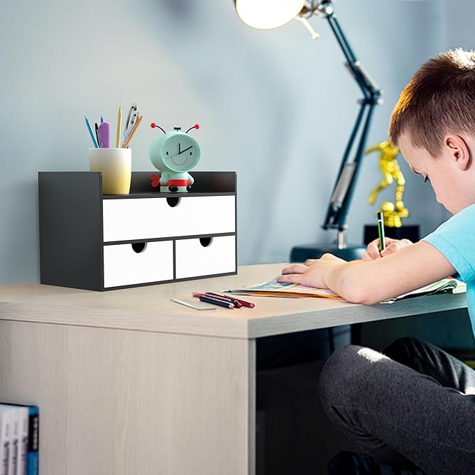 Wisuce Desk Organizer with Drawers - Bamboo Desktop Organizer Storage | Black-White Wood Desk Makeup Dresser Top Organizer for Cosmetics No Assembly Required