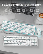 EWEADN V3 Wireless Keyboard and Mouse with Blue Backlit, Metal Panel, Bluetooth/2.4G Rechargeable Computer Keyboard and Mouse Combo Silent Lighted Full Size Cute Keyboards-White