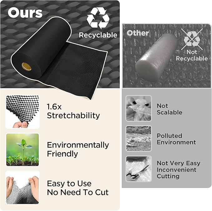 Honeycomb Packing Paper, 12"x300' Black | Perforated Honeycomb Packing Paper Recyclable Moving Supplies for Shipping & Moving | Plastic-Free Alternative to Bubble Cushion Wrap with 36 Fragile Stickers