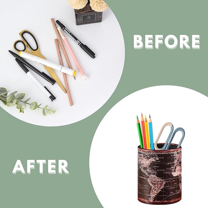 Black World Map Pencil Holder for Desk, PU leather Pencil Cup, Globe Pen Holder for Desk Office Supply Organizer PH46