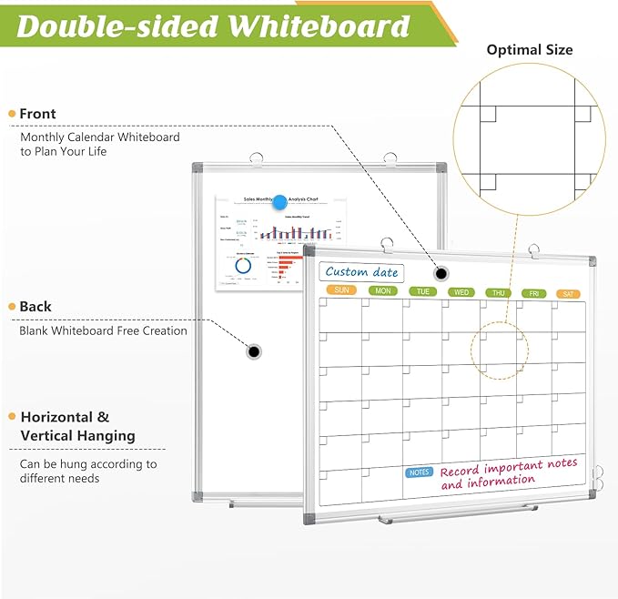 Dry Erase Calendar Whiteboard for Wall, 24" x 18" Magnetic Monthly White Board Calendar, Hanging Double-Sided White Board for Planning, Memo, School, Home, Office