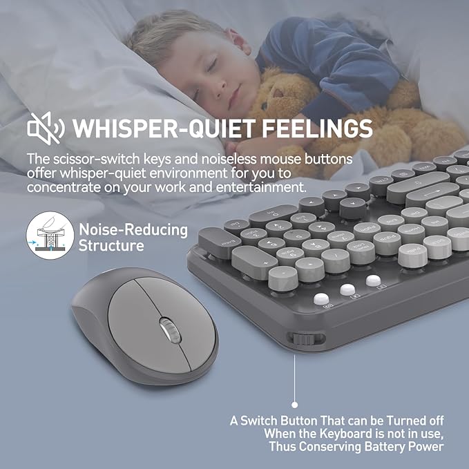 Wireless Keyboard and Mouse Combo, 2.4 GHz Wireless Full-Sized Typewriter Keyboard with Round Keycaps for Windows, Computer, Desktop, PC, Laptop (Grey)