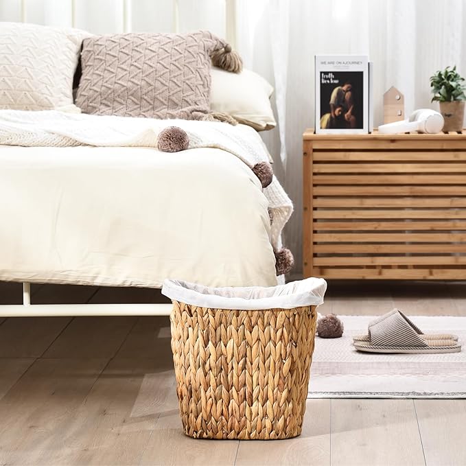 FairyHaus Wicker Trash Can with Handles, Natural Water Hyacinth Wicker Waste Basket, Handwoven Wicker Trash Basket for Bathroom Bedrooms, 13" L x 7.5" W x 12.2" H