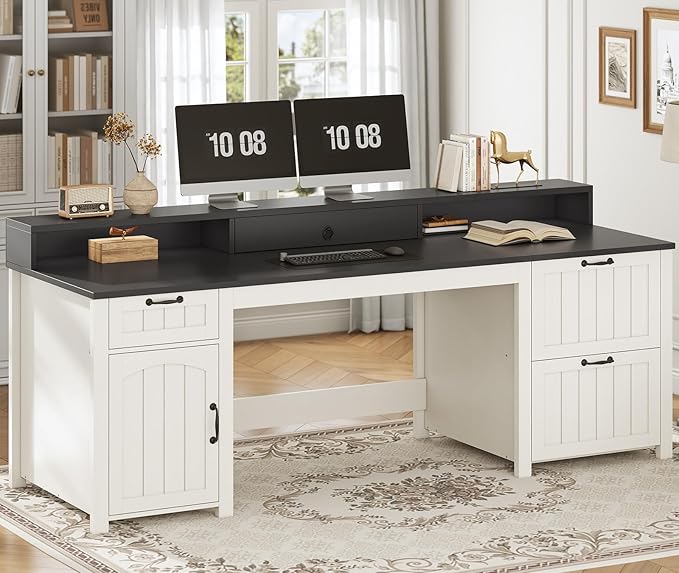 SEDETA Farmhouse 63" Executive Desk, Home Office Desk with File Drawer and Monitor Stand, Computer Desk with Drawers and Storage Cabinet, Wood Desk for Work Study Writing, White