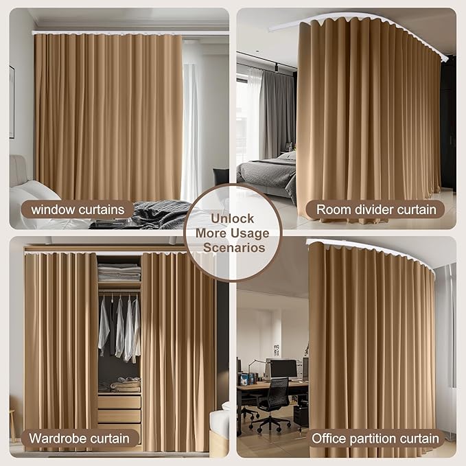 Room Divider Curtains & Flexible Bendable Tracks Set,Privacy Dividers Ceiling Track Curtain Window Blackout Curtains for Living Room Bedroom (W120 × H96 in 1 Panel Khaki Drape & White Rail)