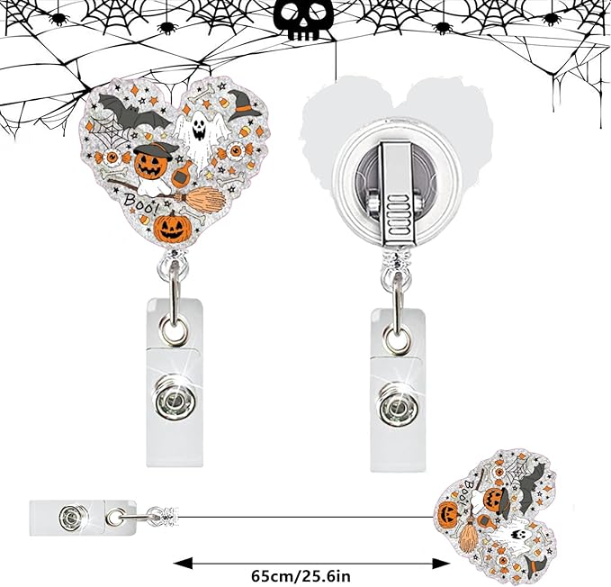 Halloween Ghost Badge Reel Fun Halloween Retractable ID Badge Reel for Nurse, Heart Shape Acrylic Pumpkin Badges Holder with Alligator Clip Fun Holiday Gifts for Nurses Medical Assistant Nursing Staff