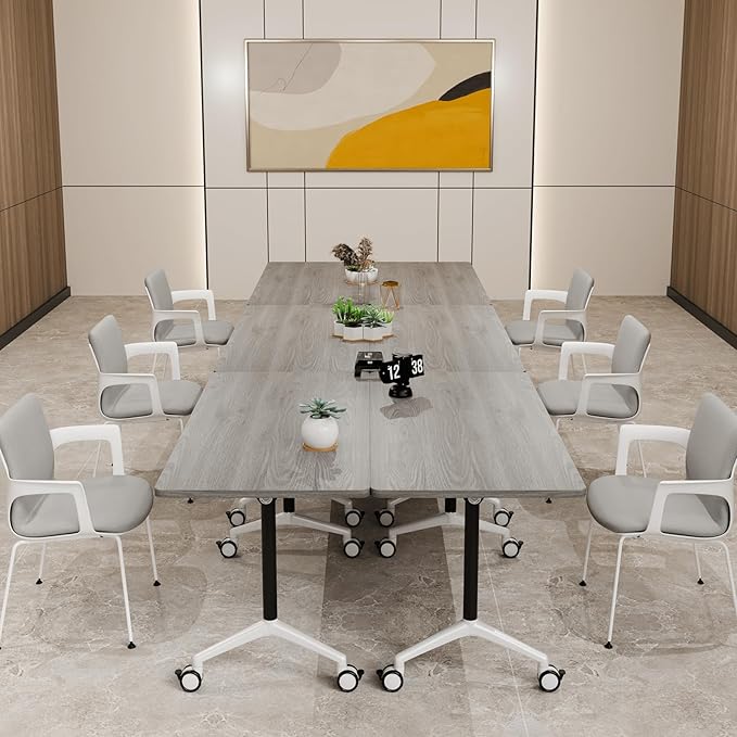 Folding Conference Table, Modern Large Conference Room Tables with Flip-Top Design, Foldable Conference Table Meeting Table with Wheels, Mobile Seminar Training Tables for Office Classroom (6, Oak)