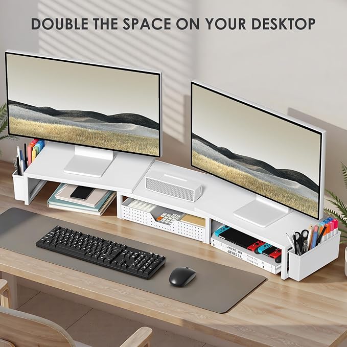 White Dual Monitor Stand Riser, Metal Desk Organizers and Accessories with Drawer and 2 Pen Holders, Computer Monitor Stand for Desk