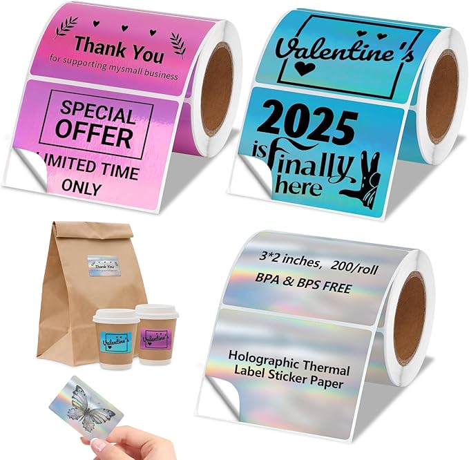 3x2'' Holographic Thermal Labels,3 Rolls Square Label Sticker for Phomemo 241BT for MUNBYN 130B/RW402B Printer,600Pcs Waterproof Label Paper for Address/Logo/Barcode/Price/Thanks