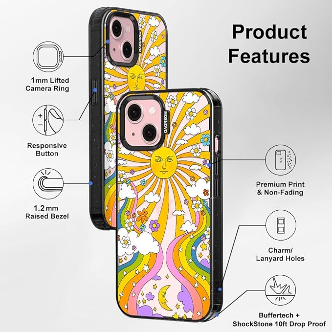 MOSNOVO Case for iPhone 15 Plus, [10ft 4X Military-Grade Drop Protection] Durable & Shockproof Phone Case Cover Design for iPhone 15 Plus / 14 Plus - 70's Psychedelic Groovy Art - Clear Black