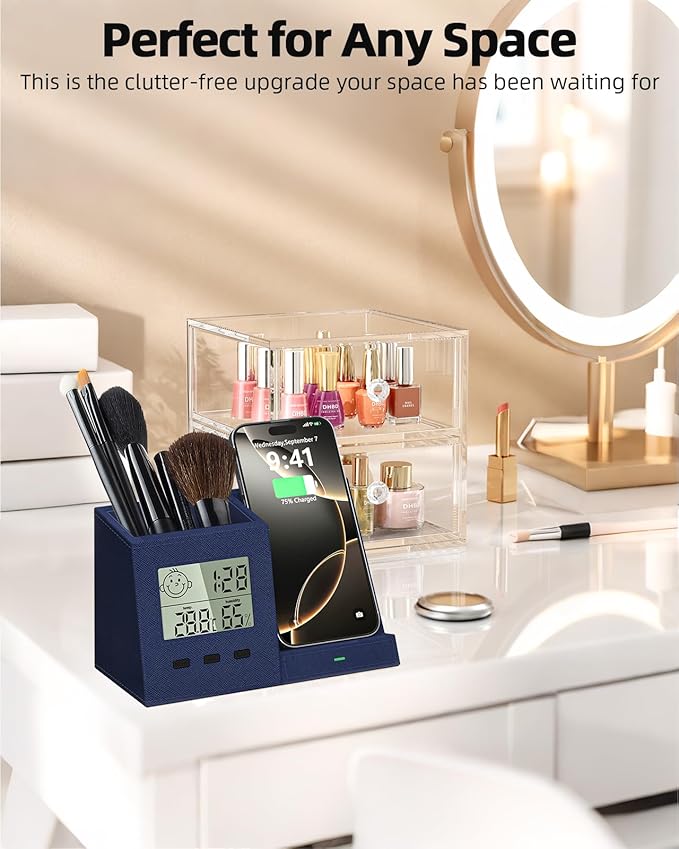 3-in-1 Wireless Charger with Pen Holder, Desk Clocks with Temperature and Humidity, Compatible with iPhone 16/15/14/13/12/11/8Series, Pencil Holder for Desk Home Office, Men Gift Idea Gadget, Blue