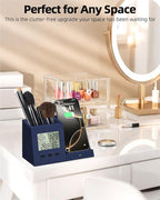 3-in-1 Wireless Charger with Pen Holder, Desk Clocks with Temperature and Humidity, Compatible with iPhone 16/15/14/13/12/11/8Series, Pencil Holder for Desk Home Office, Men Gift Idea Gadget, Blue