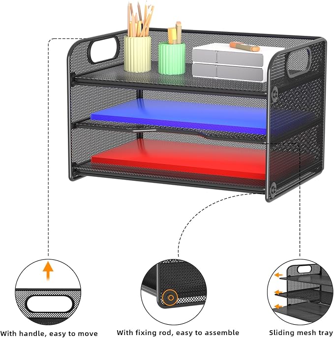 Samstar 3 Tier Letter Tray Paper Organizer with Handle, Mesh Desk Organizer Paper Sorter File Rack Shelves, Black