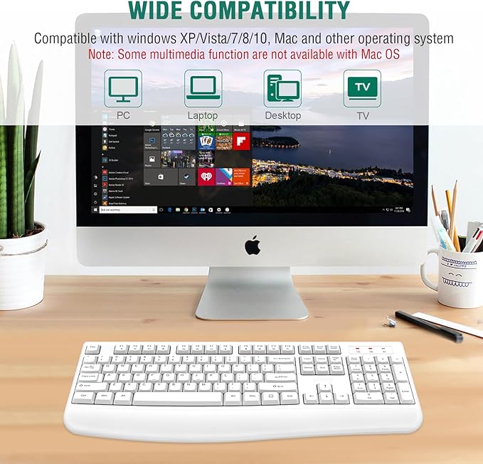 EDJO Wireless Keyboard, 2.4G Ergonomic Full Size Wireless Computer Keyboard with Wrist Rest for Windows, Mac OS Desktop/Laptop/PC（White）