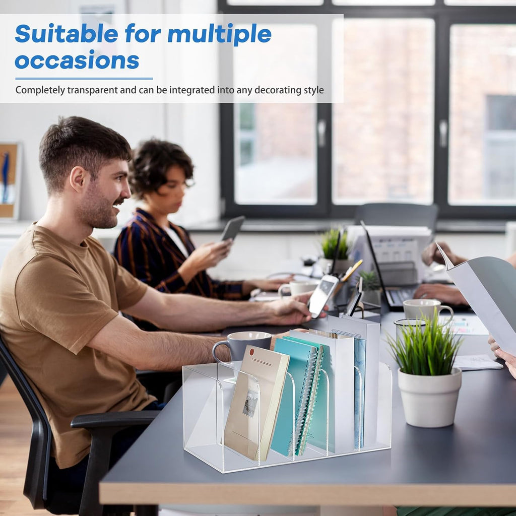 Suzile 2 Sets of Clear Acrylic Magazine Holder with 5 Vertical Compartments Magazine File Holder Acrylic Desk Organizer Book Rack for Desk Sorter Paper Folder Office Accessories Storage Organization