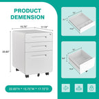 3 Drawer File Cabinet with Lock,Under Desk File Cabinet,White Rolling File Cabinet,Three Drawer Filing Cabinet for Home Office with Wheels,Fit A4/Letter/Legal File,Fully Assembled Except Casters