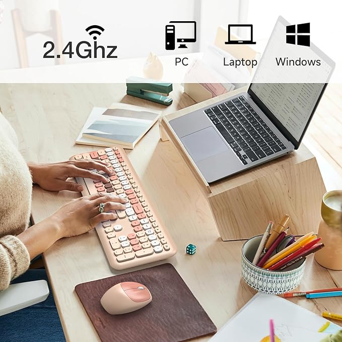 MOFII Wireless Keyboard and Mouse Combo, Colorful Full Size Keyboard with Number Pad, Silent Cute Wireless Mouse, 2.4GHz Dropout-Free Connection, for PC Laptop Computer (Coffee Color)