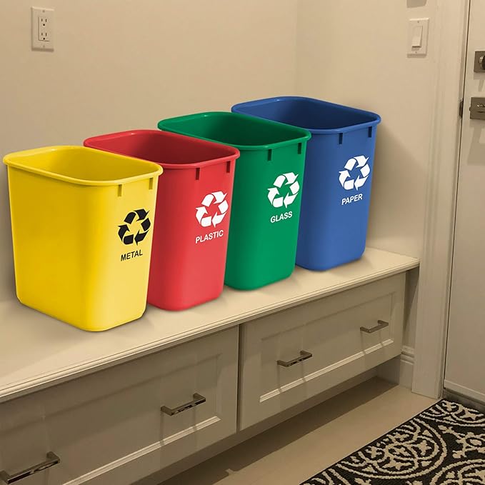 Acrimet Wastebasket Bin for Recycling, 6.75 Gallon/ 27 Quart/ 25.552 Liter (Made of Plastic) (Metal/Yellow, Paper/Blue, Glass/Green, Plastic/Red) (Set of 4)