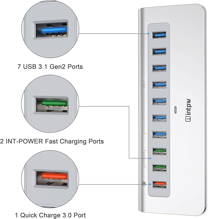 Powered USB Hub 10Gbps, 10 Port USB 3.1 Gen 2 Hub with 7 USB 3.1 Data Ports, 3 Fast Charging Ports, 36W Power Adapter, Type A and Type C Cable, Aluminum USB Data Hub for Mac, PC, Laptop