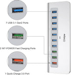 Powered USB Hub 10Gbps, 10 Port USB 3.1 Gen 2 Hub with 7 USB 3.1 Data Ports, 3 Fast Charging Ports, 36W Power Adapter, Type A and Type C Cable, Aluminum USB Data Hub for Mac, PC, Laptop