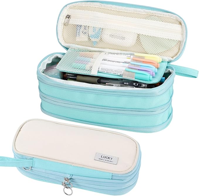 Big Pencil Case Zipper Pencil Pouch Organizer Large Capacity Pen Bag with Handle Portable for Girls Kids Adults Gift Pen Case for School Home Office Light-blue