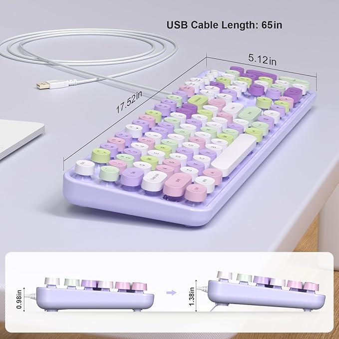 MOFII Colorful Computer Keyboard Wired, Cute Full Size Keyboard Typewriter Style, USB Keyboard with Foldable Stands for Windows, Laptop, Desktop, PC (Purple Colorful)