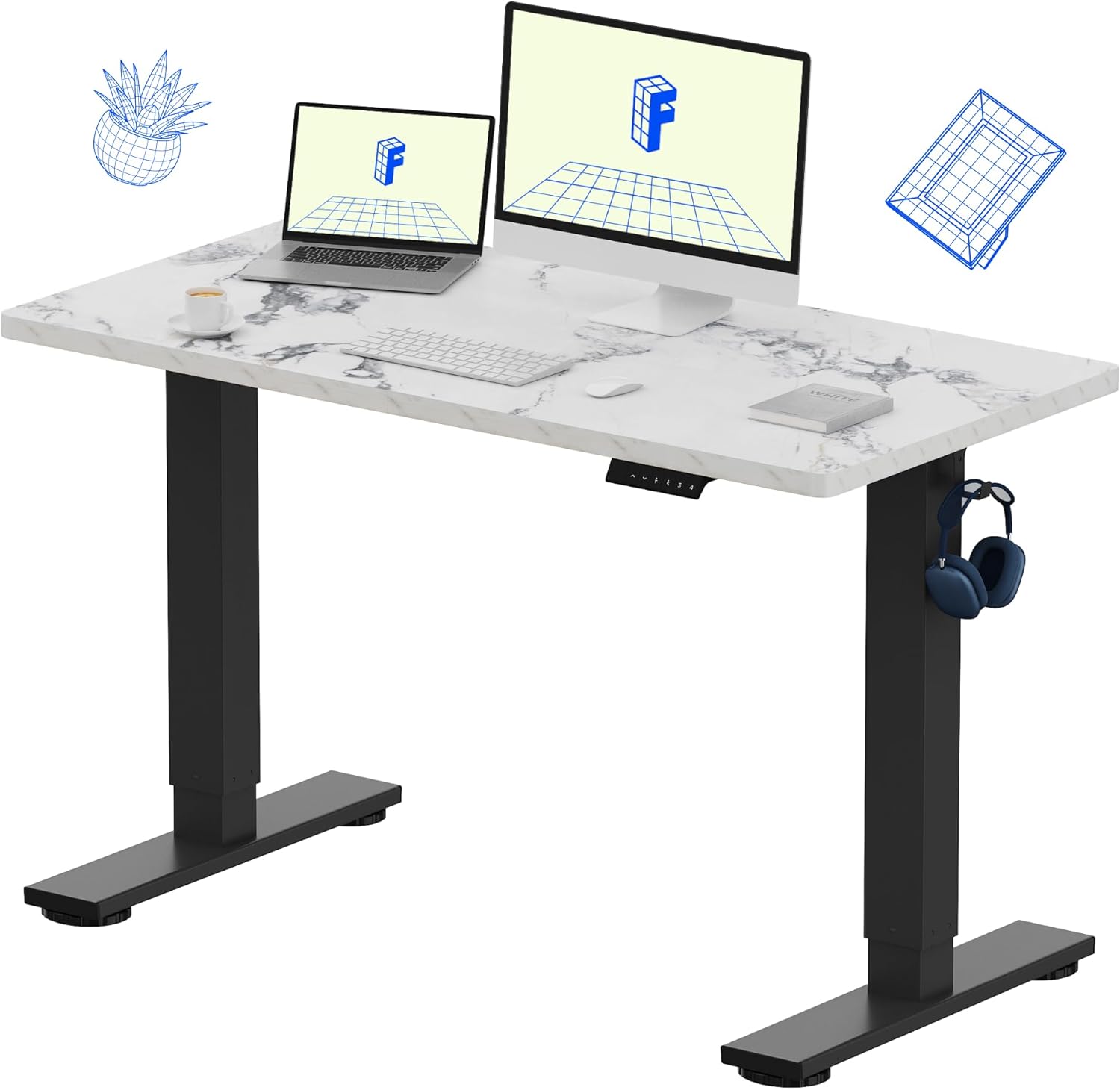 FLEXISPOT EN1 Whole-Piece Standing Desk 48 x 24 Inches Height Adjustable Electric Desk Sit Stand Desk Home Office Desks (Black Frame + Marble Gray Top, 2 Packages)