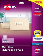 Avery Matte Clear Address Labels, Sure Feed Technology, Inkjet, 1" x 2-5/8", 750 Labels, 5 Packs (8660)