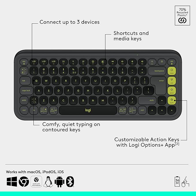 Logitech POP ICON Combo, Bluetooth Keyboard and Mouse Combo, Comfortable Typing, programmable Keys and Buttons, Quiet clicks, Easy-Switch up to 3 Devices - Graphite and Lime