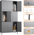 9 Doors Metal Locker with 27 Hooks and Business Card Holder,Metal Lockers for Employees with Ventilation Holes for School Office Gym Garage,Assembly Required,Dark Grey