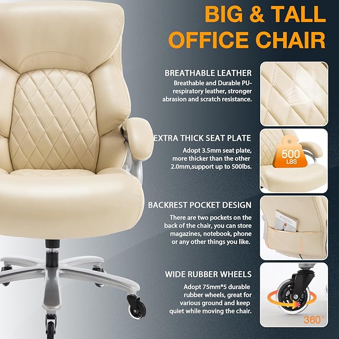 Big and Tall Office Chair for Heavy People, 500LBS High Back Extra Wide Heavy Duty Executive Office Chair Comfortable for Home, Large Computer Desk Chairs with Adjustable Lumbar Support Beige