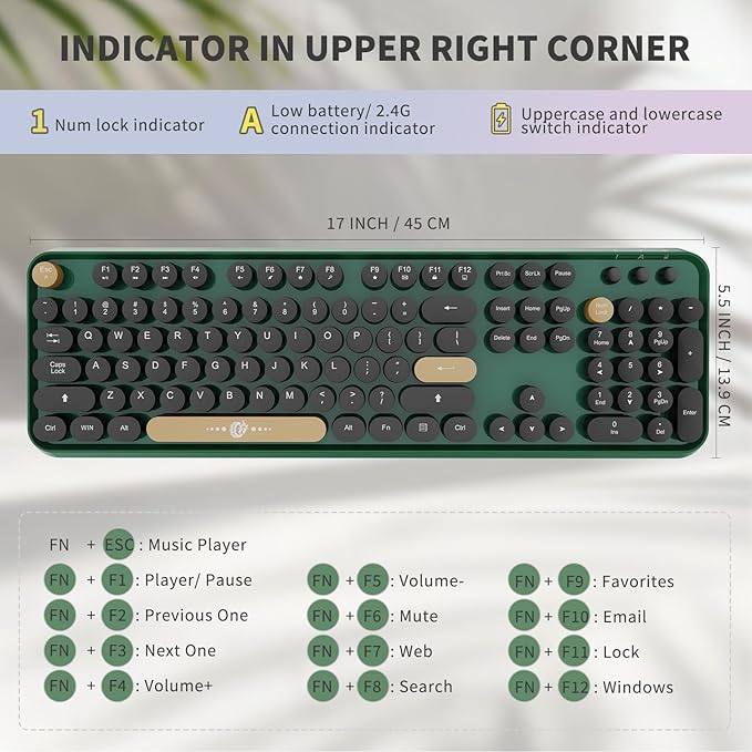 FOPETT Wireless Keyboard and Mouse Combo, 104 Keys Full-Sized 2.4 GHz Round Keycap Colorful Keyboards, USB Receiver Plug and Play, for Windows, Mac, PC, Laptop, Desktop (Black Green)