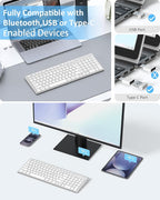 FENIFOX Wireless Keyboard, Bluetooth + USB Ergonomic Silent Quiet Rechargeable with Number Pad Compact Full Size Multi Device Keyboards for iPad Tablet Mac Computer Surface PC MacBook Laptop Silver