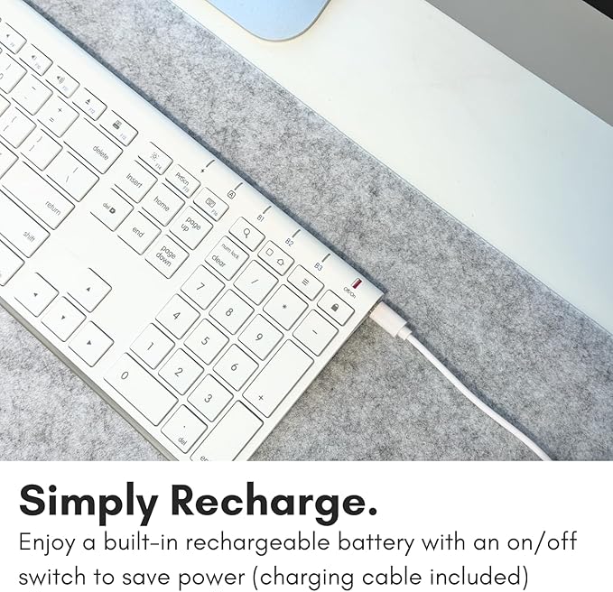 Macally Wireless Bluetooth Keyboard for Mac - Compatible Apple Keyboard or MacBook Pro/Air, iMac - Multi-Device, Up to 3 Devices with 110 Keys, 20 Shortcuts, Numeric Keypad, and Rechargeable - White