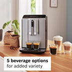 Bosch 300 Series Fully Automatic Espresso and Coffee Machine – In-Cup Frother, OneTouch Milk Drinks, 5 Drink Options, Ceramic Grinder, Easy Clean & Descale, in Silver TIU20307