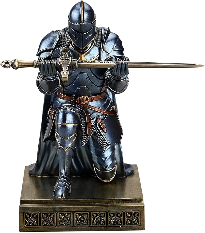 Medieval Armored Warrior Wearing Outerwear, Mobile Phone Stand Knight Pen Holder Desk Organizers, Resin Bookends Paperweight with a Letter Opener for Desk (Blue)