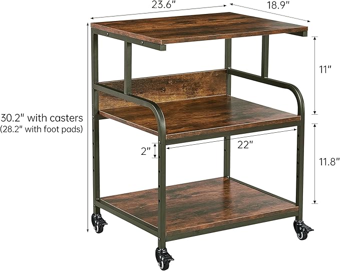 Large Printer Stand with Adjustable Storage Shelf, 3 Tier Printer Cart with Wheels for Home Office Organization, Rolling Table Stand for Heat Press Mini Fridge, Industrial Style