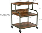Large Printer Stand with Adjustable Storage Shelf, 3 Tier Printer Cart with Wheels for Home Office Organization, Rolling Table Stand for Heat Press Mini Fridge, Industrial Style