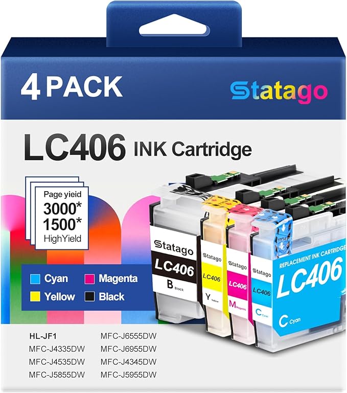 LC406 Ink Cartridges for Brother Printer for Brother LC406 LC406XL Ink Cartridge Work for MFC-J4535DW MFC-J4345DW MFC-J4335DW MFC-J5855DW MFC-J5955DW MFC-J6555DW MFC-J6955DW Printer (4 Pack)