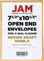 JAM PAPER 7 1/2 x 10 1/2 Open End Catalog Envelopes with Peel and Seal Closure - Brown Kraft Manila - 50/Pack