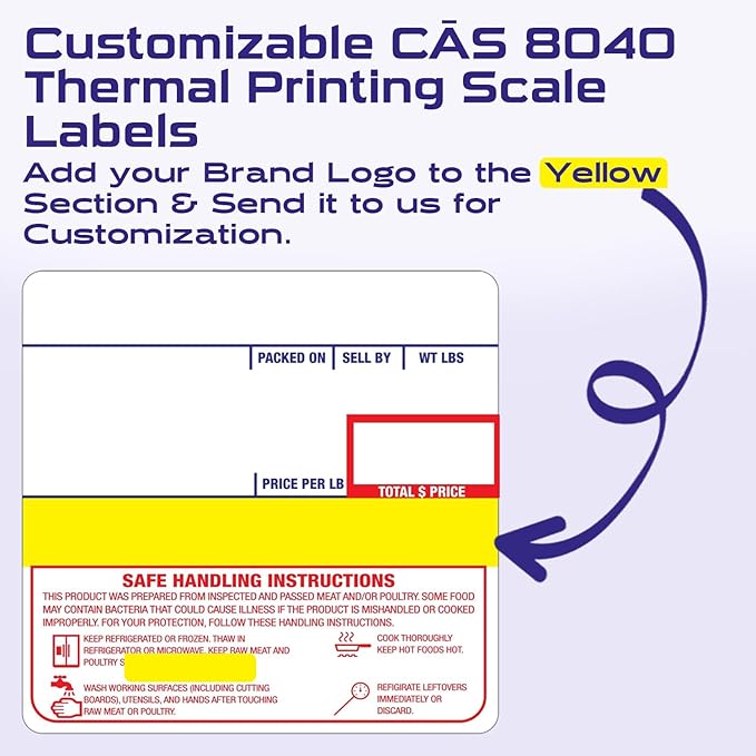 CEPRICO - Customizable CĀS Scale Labels - 96 Rolls of Thermal Printing Scale Labels – Compatible with CĀS LST-8040 | Safe Handling Instruction | Ideal for Supermarkets, Retailers and Grocery Stores
