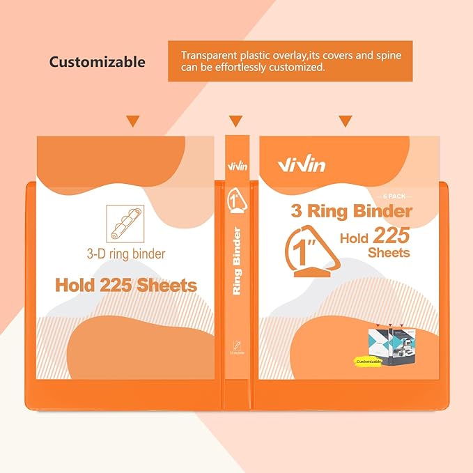 ViVin Sturdy 1 Inch D Ring Binders, 3 Ring Binders with 2 Pockets, Hold 225 Sheets of US Letter Size Paper for Office,Home,School, 6 Pack (Orange)